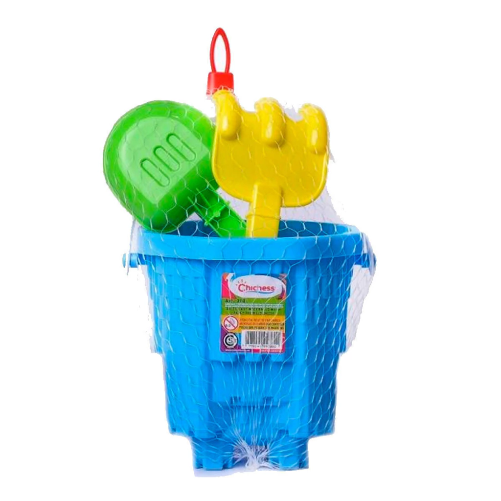 Balde castillo + pala + moldes + rastrillo