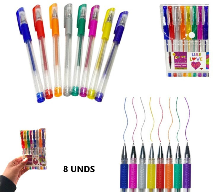 Set bolígrafos c/purpurina x 8