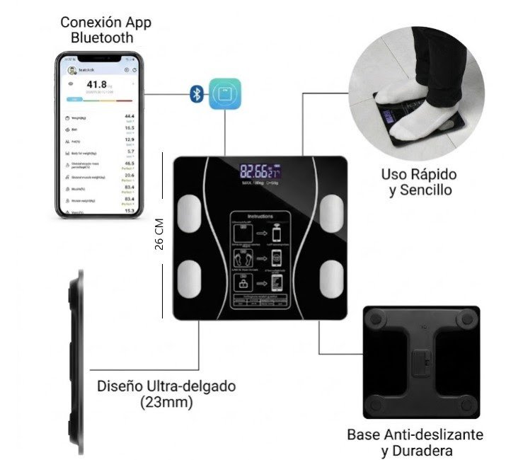 Balanza personal 180 kgs c/ bluetooth